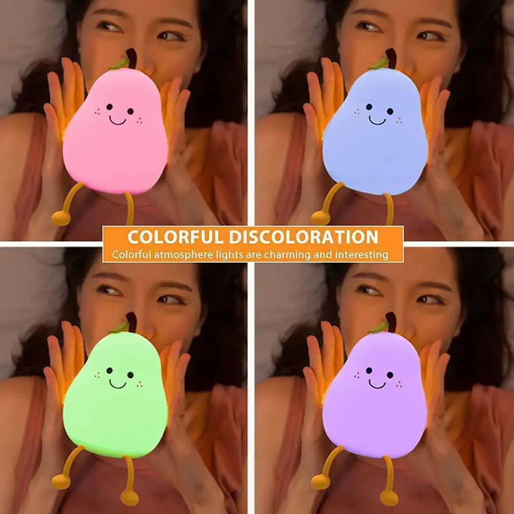 Cute Pear-Shaped Night Light for Kids: Dimmable Silicone Lamp with 7 Colors and USB Charging