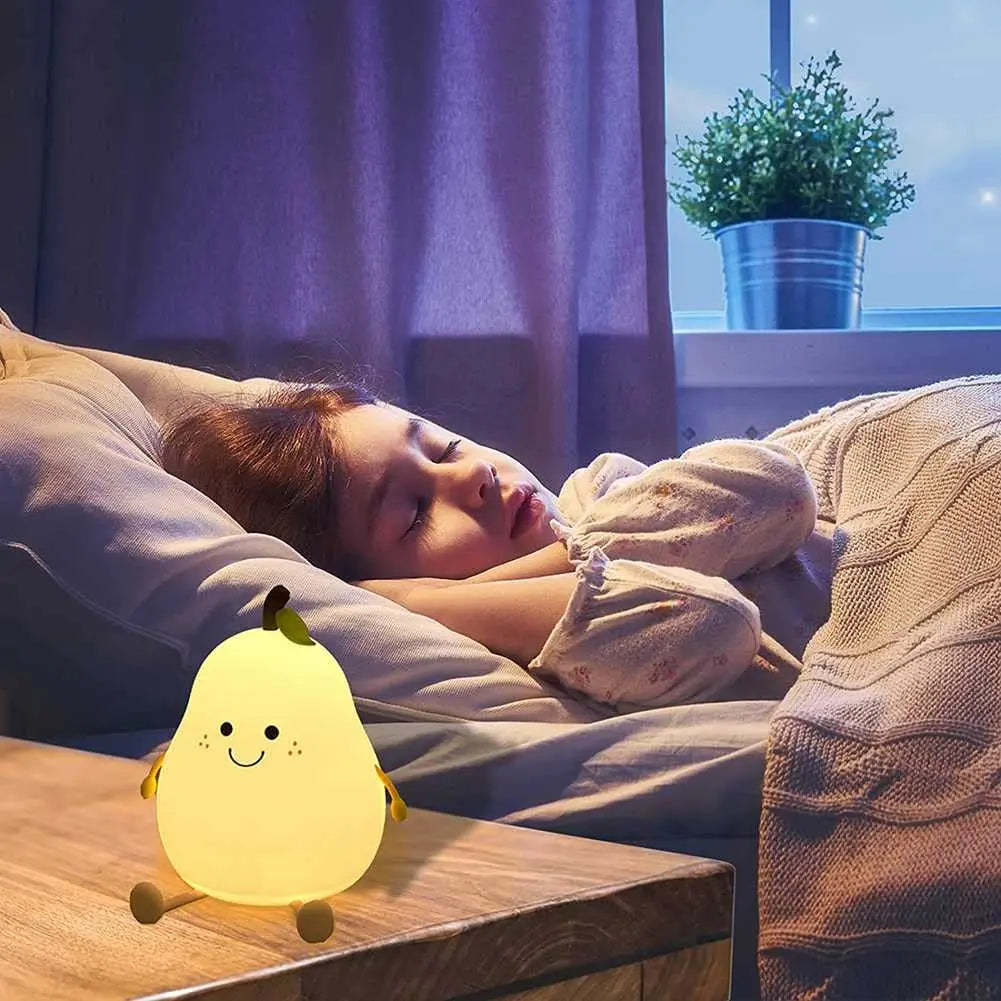Cute Pear-Shaped Night Light for Kids: Dimmable Silicone Lamp with 7 Colors and USB Charging