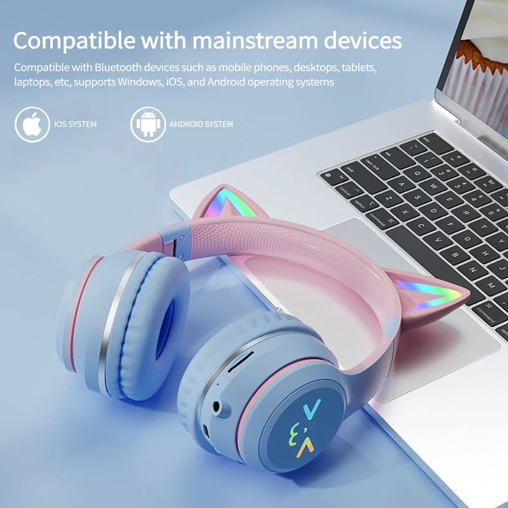 Wireless Cat Ear Headphones: RGB Light-Up Bluetooth Earphones for Music and Gaming