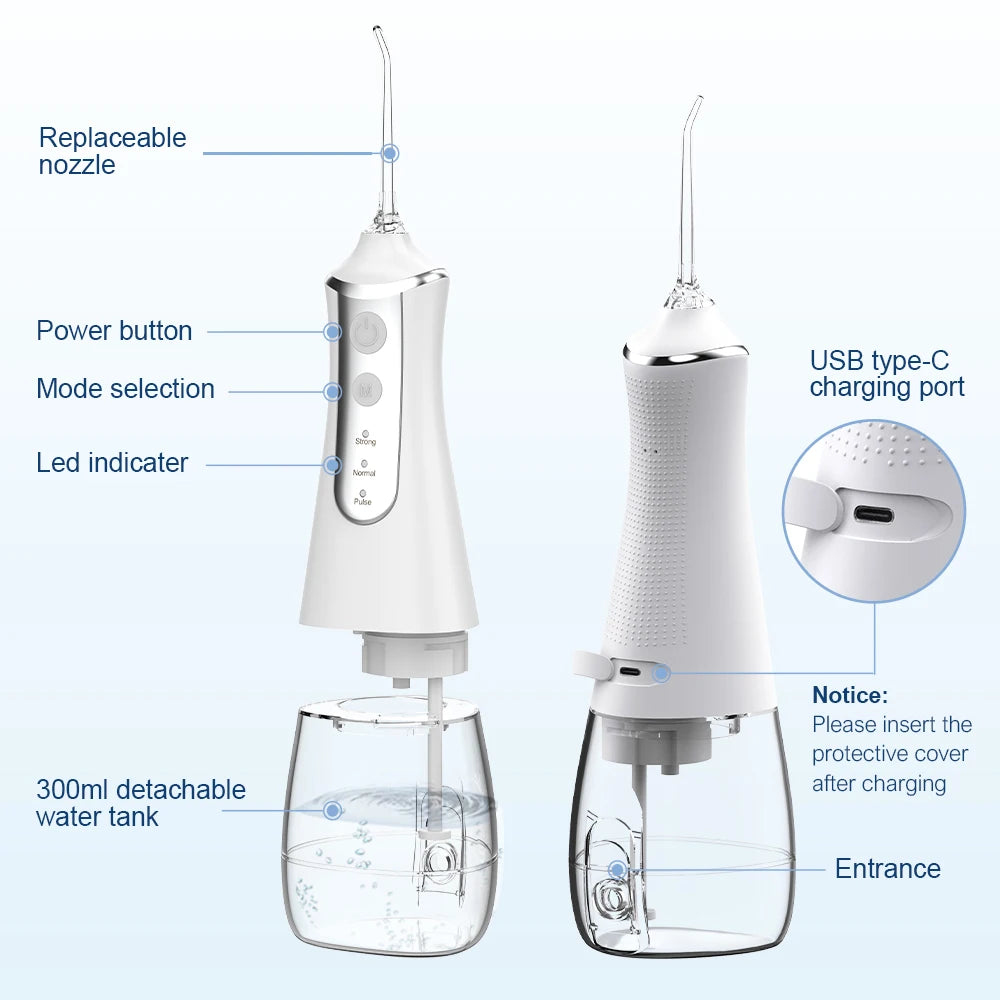 Dental Oral Irrigator Water Flosser: USB Rechargeable, 300ml Tank with 5 Nozzles & 3 Modes