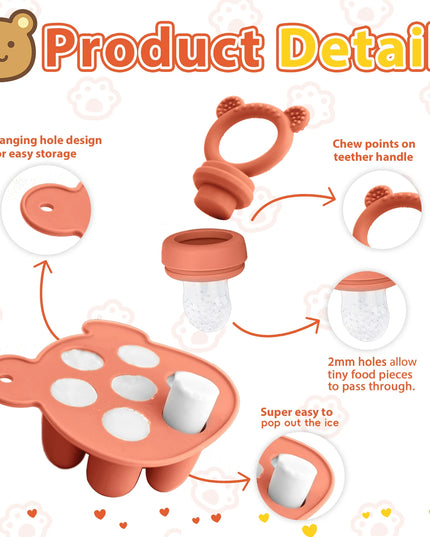 Baby Food Freezer Tray Set: Animal Design Fruit Feeder and Ice Cube Mold with Nipples