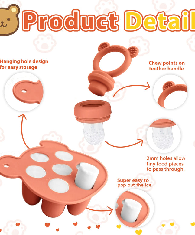 Baby Food Freezer Tray Set: Animal Design Fruit Feeder and Ice Cube Mold with Nipples