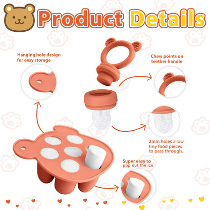 Baby Food Freezer Tray Set: Animal Design Fruit Feeder and Ice Cube Mold with Nipples