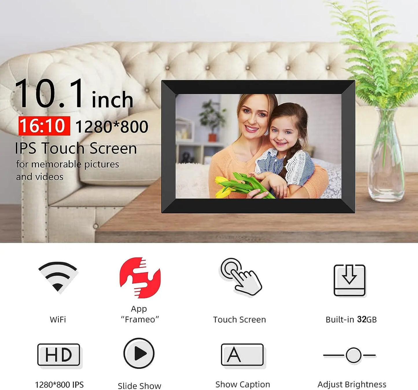 Frameo 10.1-Inch Digital Photo Frame: WiFi-Enabled with 32GB/64GB Storage and 1280x800 Touch Screen