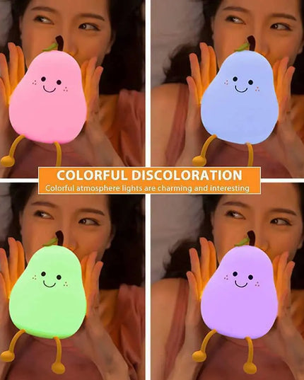 Cute Pear-Shaped Night Light for Kids: Dimmable Silicone Lamp with 7 Colors and USB Charging