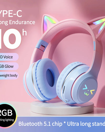 Wireless Cat Ear Headphones: RGB Light-Up Bluetooth Earphones for Music and Gaming