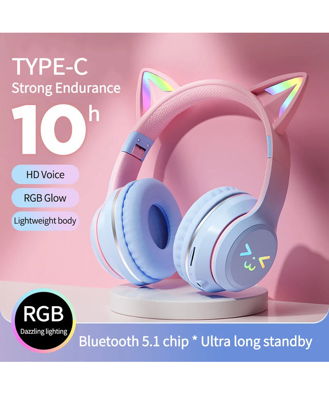 Wireless Cat Ear Headphones: RGB Light-Up Bluetooth Earphones for Music and Gaming