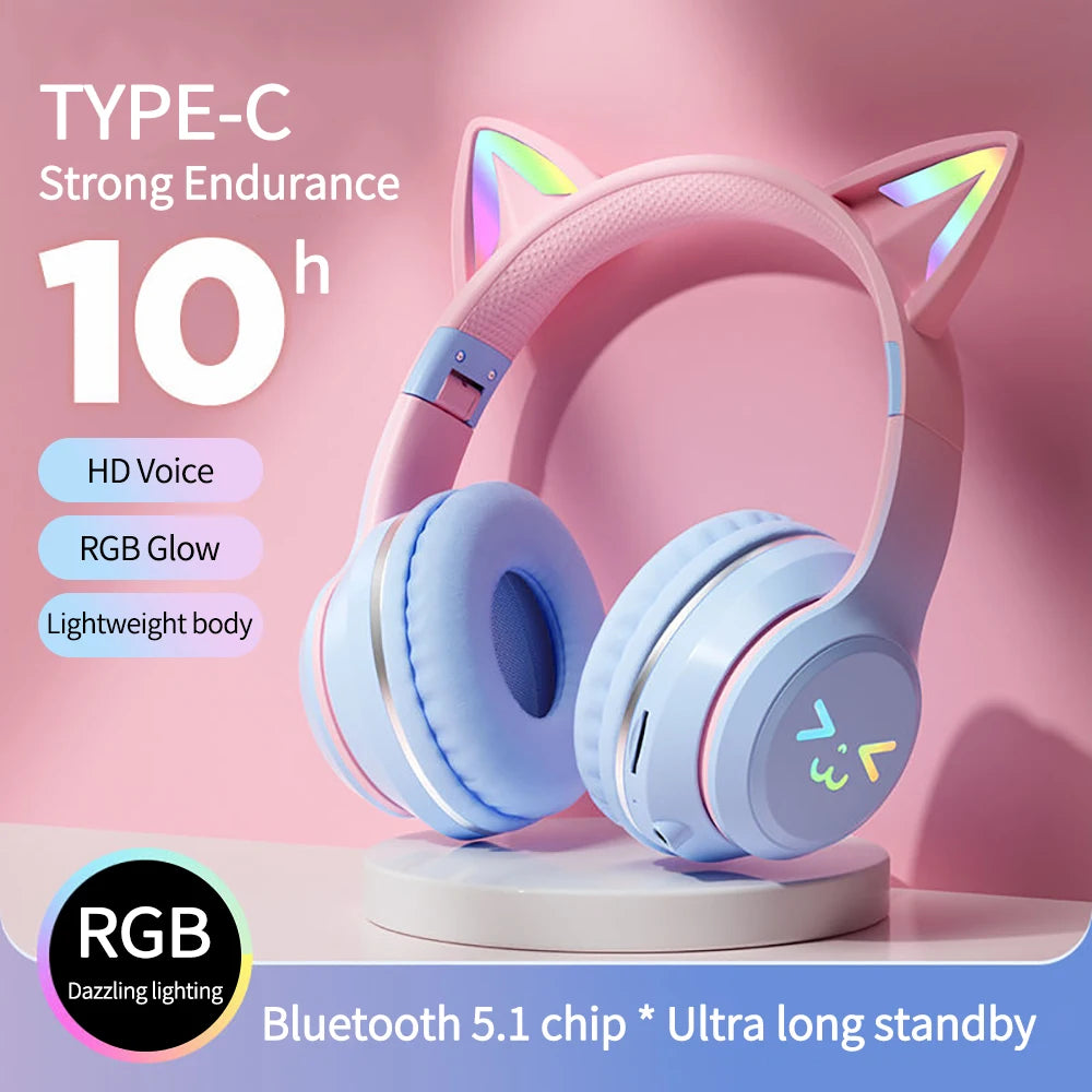 Wireless Cat Ear Headphones: RGB Light-Up Bluetooth Earphones for Music and Gaming