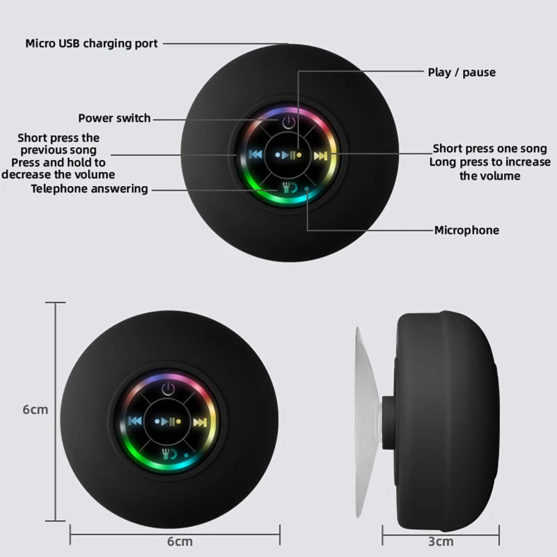 Wireless Shower Speaker: IPX4 Mini Bluetooth Speaker with RGB Light and Microphone