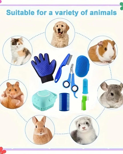 8-Piece Pet Grooming Set: Hair Removal Comb, Flea Comb, Shampoo Brush, Nail Clippers, and Toothbrush