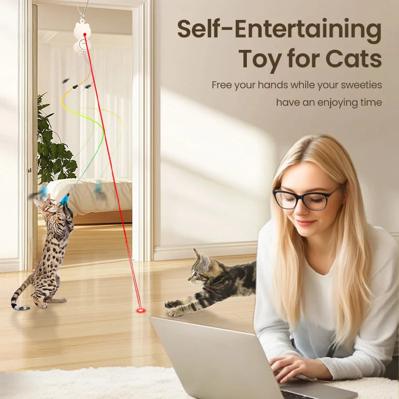 Interactive Cat Laser Toy: 2-in-1 Retractable Fun with Feather for Cats and Dogs