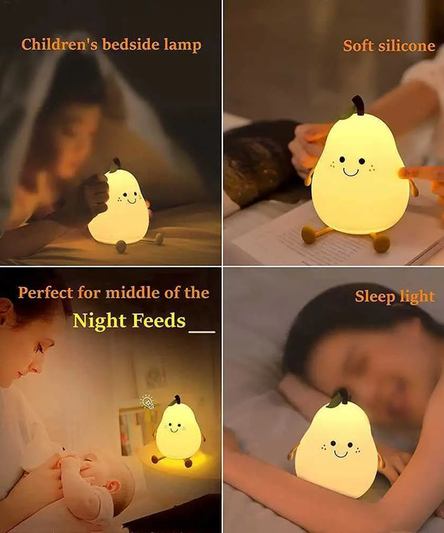Cute Pear-Shaped Night Light for Kids: Dimmable Silicone Lamp with 7 Colors and USB Charging