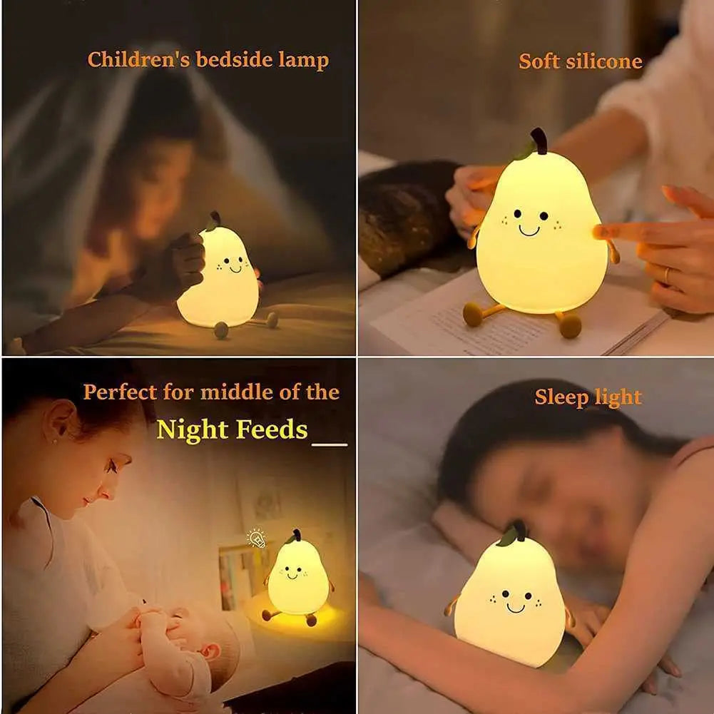 Cute Pear-Shaped Night Light for Kids: Dimmable Silicone Lamp with 7 Colors and USB Charging