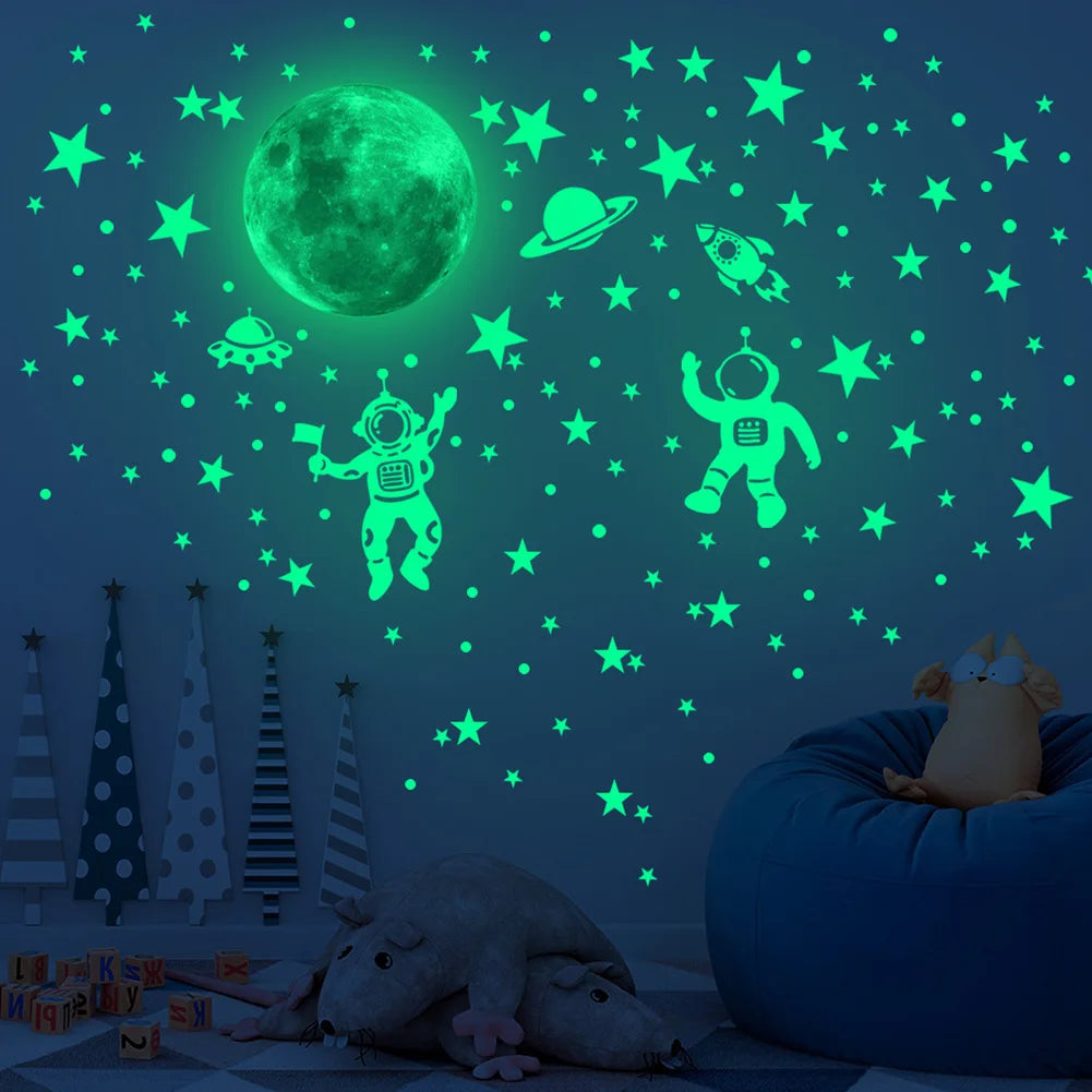 Glow-in-the-Dark Astronaut Star and Moon Wall Stickers for Kids’ Room Decoration