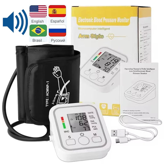 Voice Digital Arm Blood Pressure Meter Medical Pressure Tonometer Tensiometer Baumanometer Pulse Sphygmomanometer