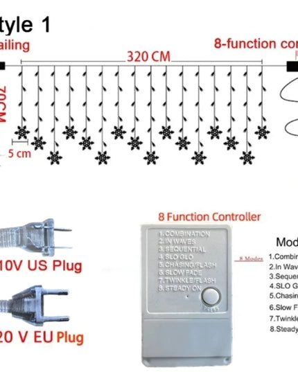 3.2M LED String Lights: Flashing Christmas Snowflakes Fairy Curtain Lights for Holiday and Wedding Decor