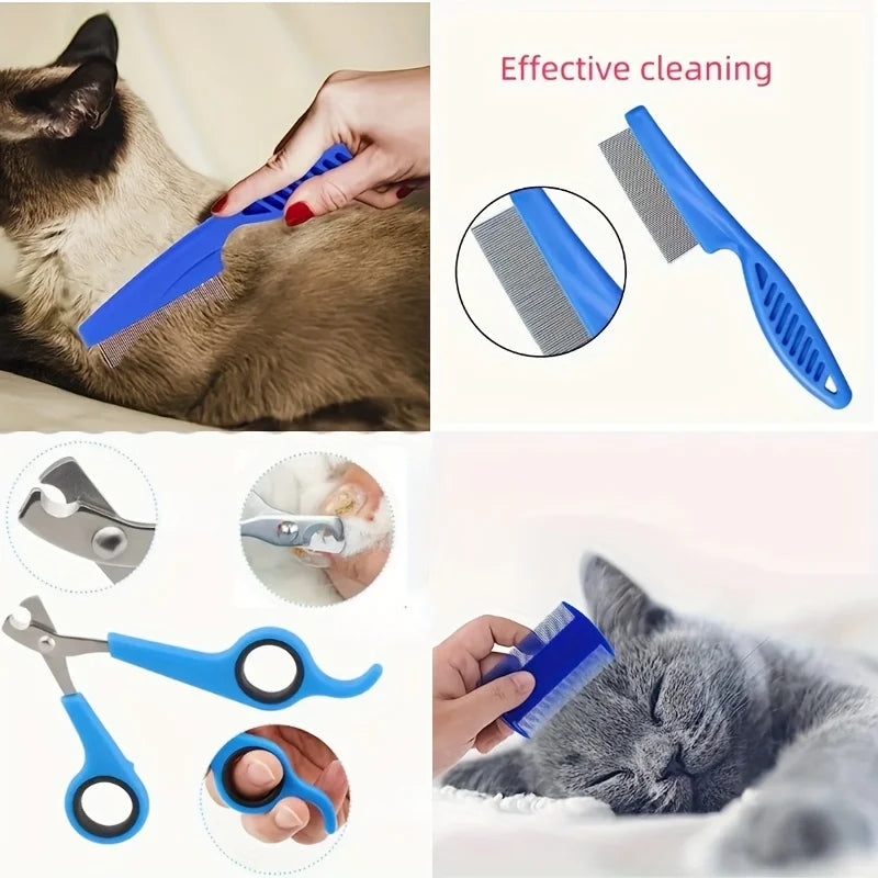 8-Piece Pet Grooming Set: Hair Removal Comb, Flea Comb, Shampoo Brush, Nail Clippers, and Toothbrush