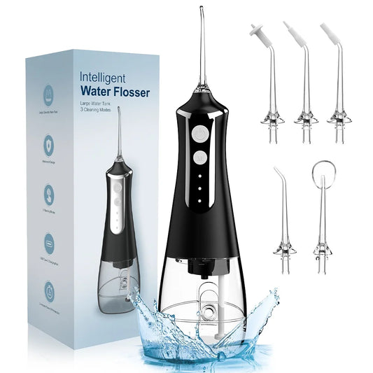 Dental Oral Irrigator Water Flosser: USB Rechargeable, 300ml Tank with 5 Nozzles & 3 Modes