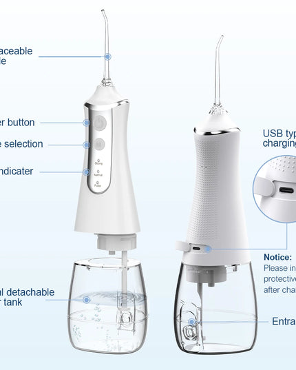 Dental Oral Irrigator Water Flosser: USB Rechargeable, 300ml Tank with 5 Nozzles & 3 Modes