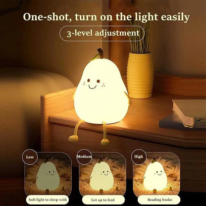 Cute Pear-Shaped Night Light for Kids: Dimmable Silicone Lamp with 7 Colors and USB Charging