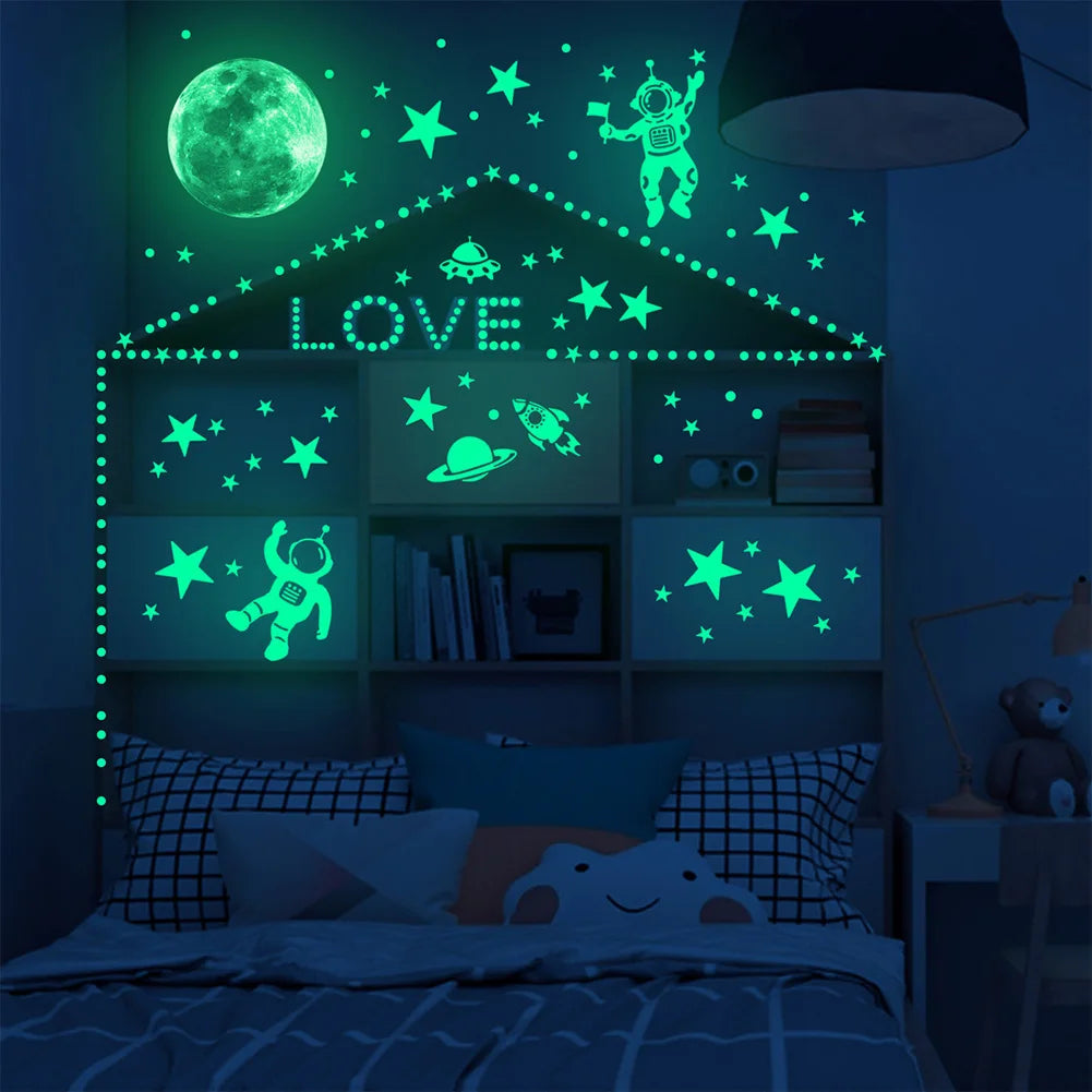 Glow-in-the-Dark Astronaut Star and Moon Wall Stickers for Kids’ Room Decoration