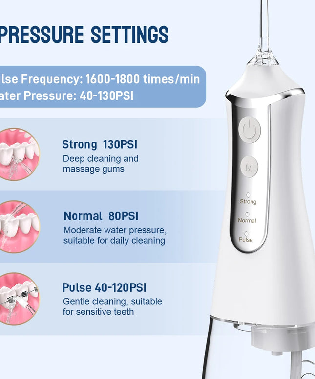 Dental Oral Irrigator Water Flosser: USB Rechargeable, 300ml Tank with 5 Nozzles & 3 Modes