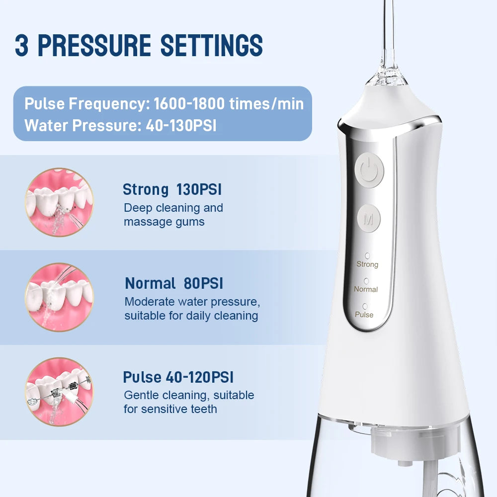 Dental Oral Irrigator Water Flosser: USB Rechargeable, 300ml Tank with 5 Nozzles & 3 Modes