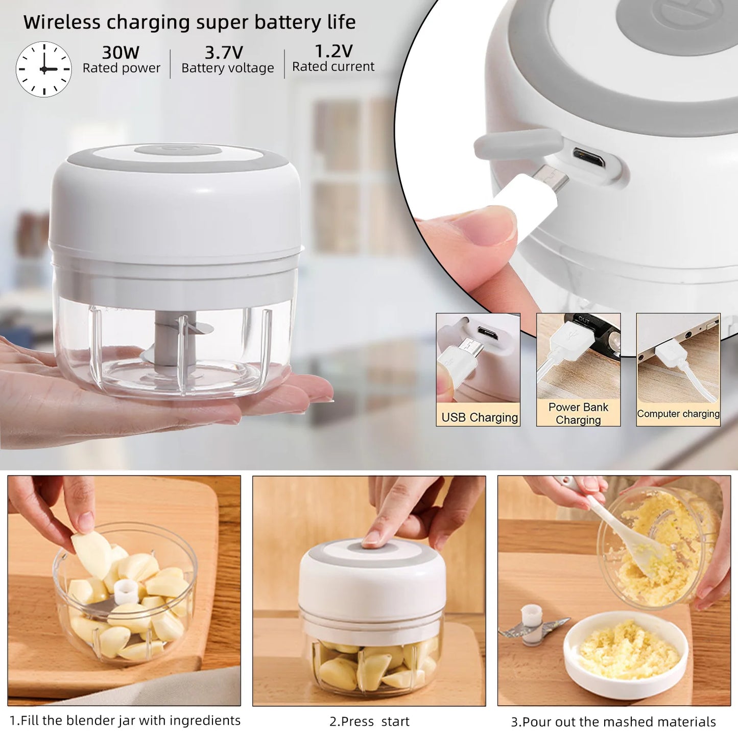 Portable Electric Kitchen Chopper: Mini Garlic Masher and Meat Grinder with USB Charging